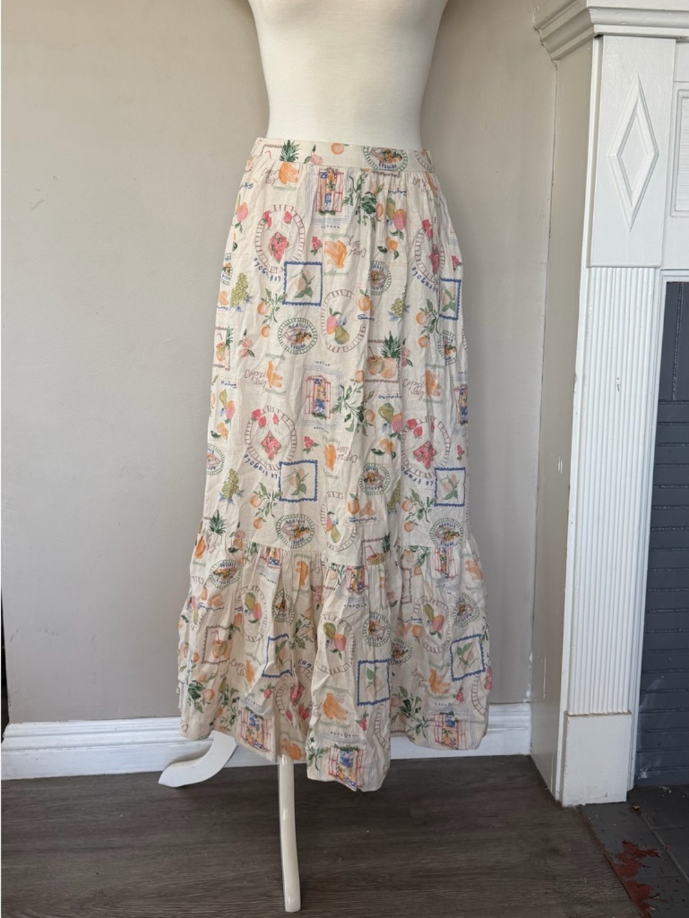 Abercrombie & Fitch Cream Floral & Fruit Tiered Maxi Skirt
